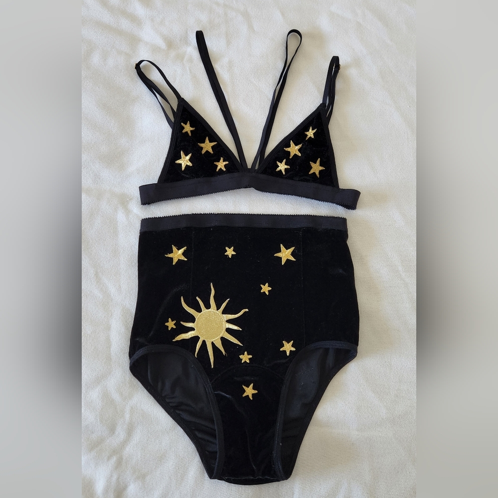 Black Velvet Two-Piece Set with Gold Star & Sun Embroidery